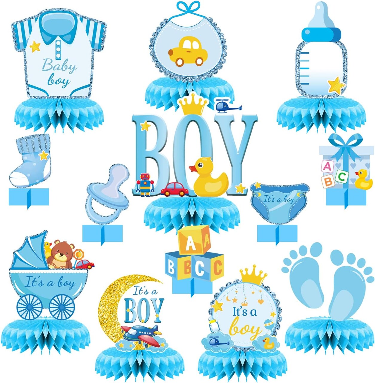 13 Pcs Centerpieces for Tables boy Honeycomb Centerpieces Baby Shower Decorations,It's a boy party supplies,Gender Reveal boy Baby Shower Centerpiece for Baby boys Party Birthday Tables Decorations
